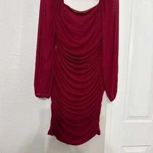 Ruched Long-Sleeve Bodycon Dress in Burgundy